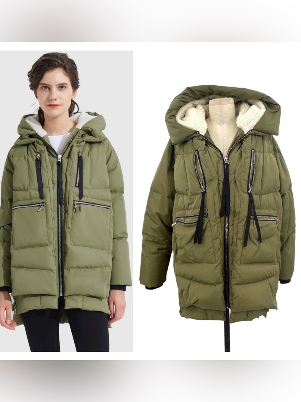 OLAY Olive Green Hooded Sherpa-Lined Puffer Jacket